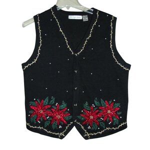 Victoria Jones Christmas Sweater Vest Sz Large black Red Poinsettia beads sequin